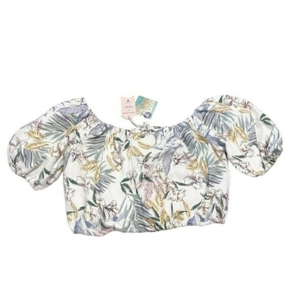 NEW Sigrid Olsen Ivory Floral Linen-blend Crop Peasant Top US S - Picture 2 of 6